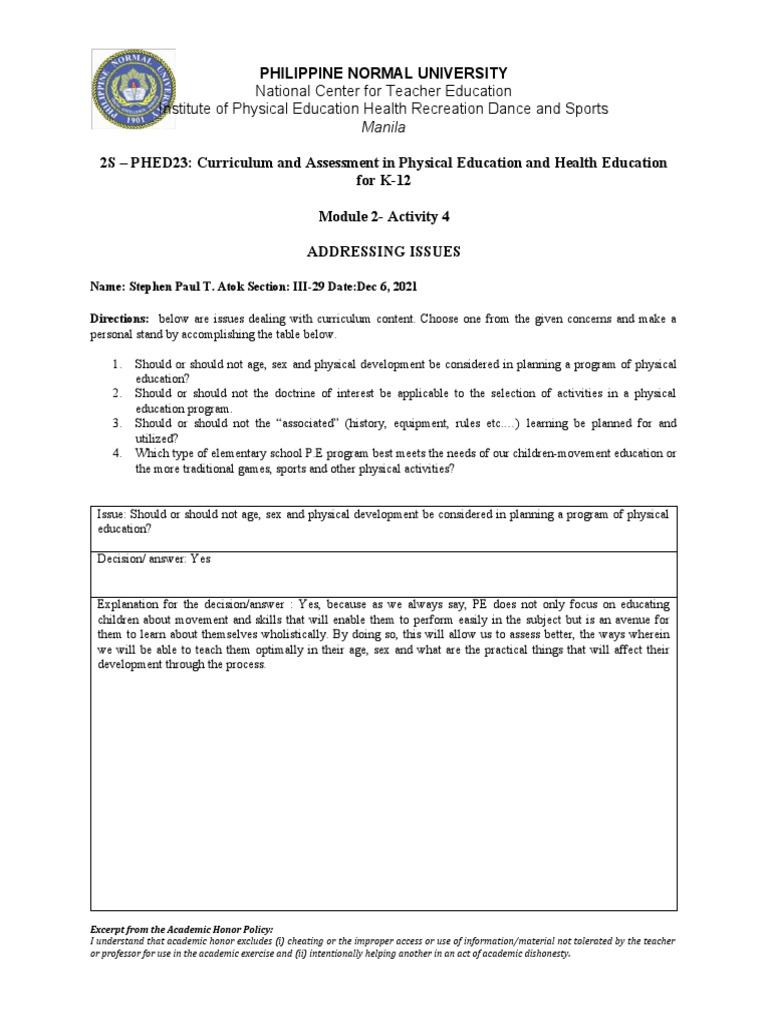 Module 2 Activity 4 - Worksheet - Atok | PDF | Physical Education ...