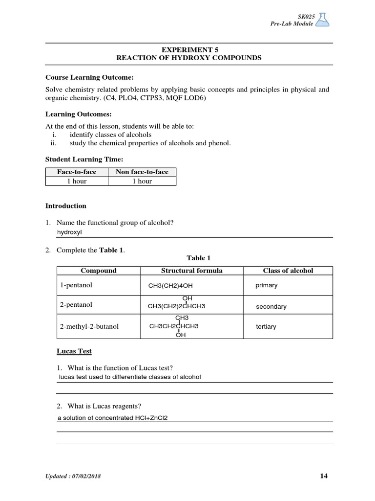 Experiment 5 Reaction of Hydroxy Compounds SK025 PreLab Module PDF Alcohol Materials