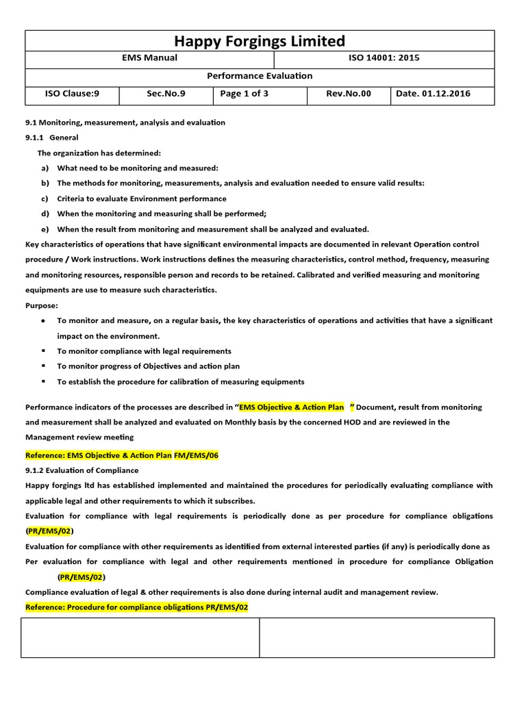 ISO 14001:2015 EMS Performance Evaluation | PDF | Audit | Internal Audit