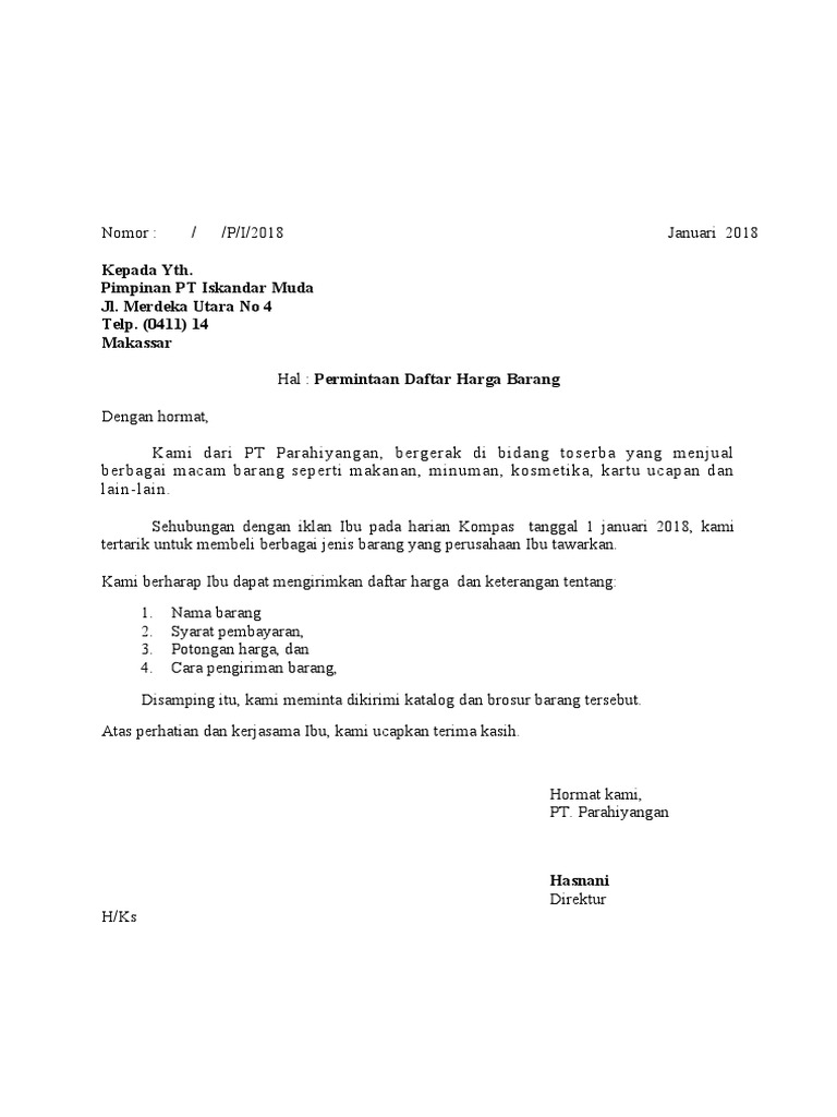 Surat Daftar Harga Barang | PDF