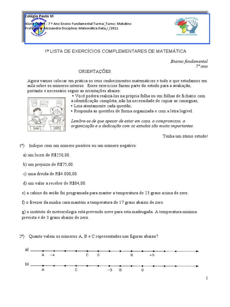 Lista De Exercicios Numeros Inteiros Pdf Temperatura Sequência