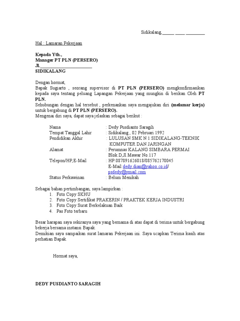 Contoh Surat Lamaran Pekerjaan