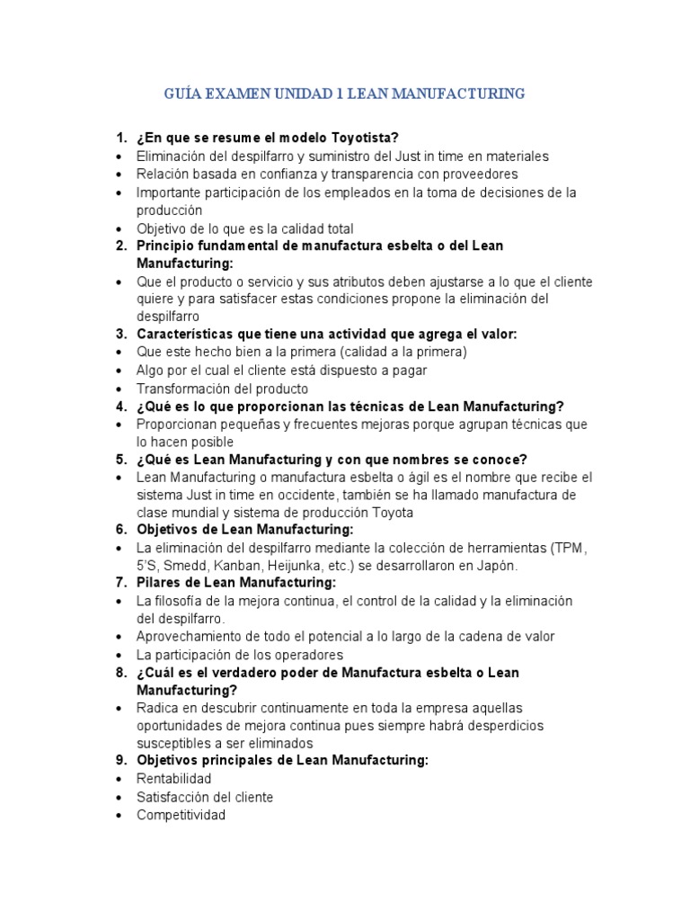 Guía Examen Lean Manufacturing | PDF | Lean Manufacturing | Calidad ...