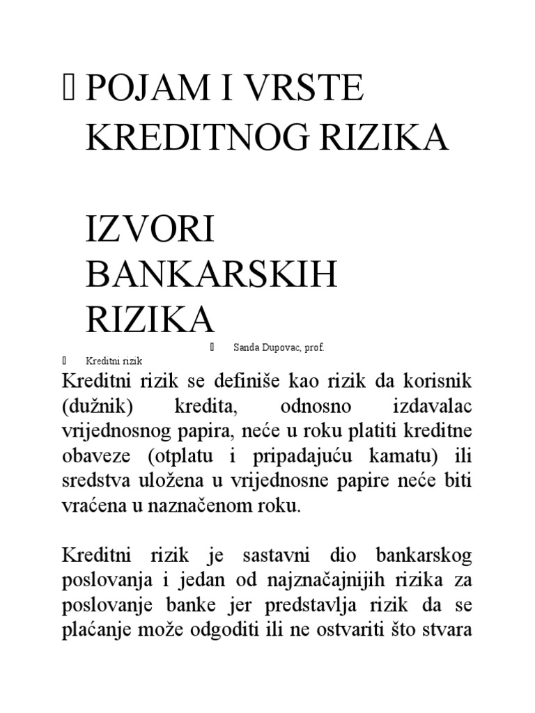 Pojam I Vrste Kreditnog Rizika Izvori Bankarskih Rizika: Sanda Dupovac ...