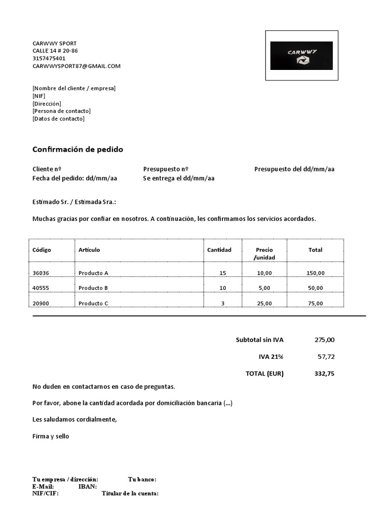 Confirmacion de Pedido Con Plantillas Word 1and1 | PDF