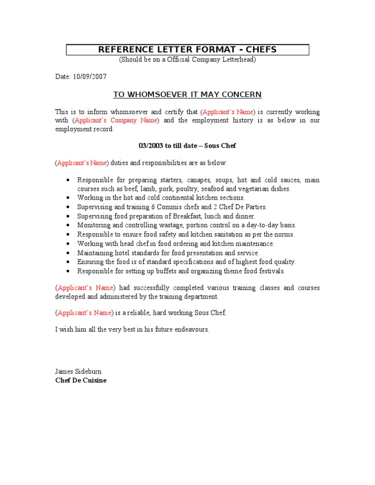 Chef Reference Letter for Sous Chef | PDF | Chef | Hobbies