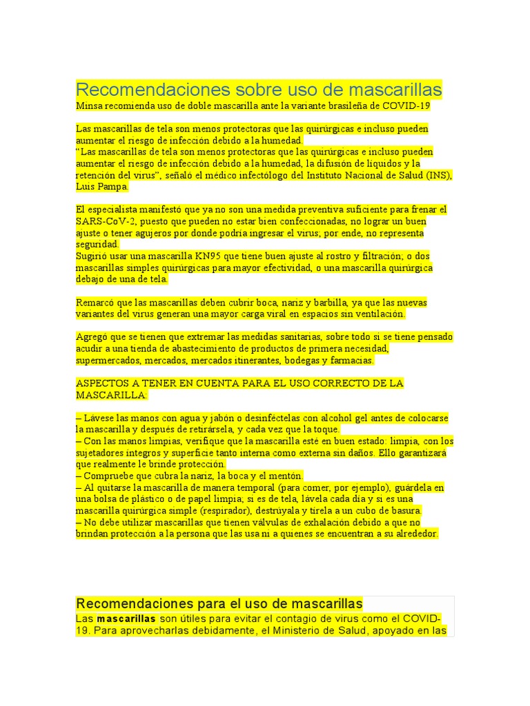 Recomendaciones Sobre Uso de Mascarillas | PDF | Ciencias de la Salud