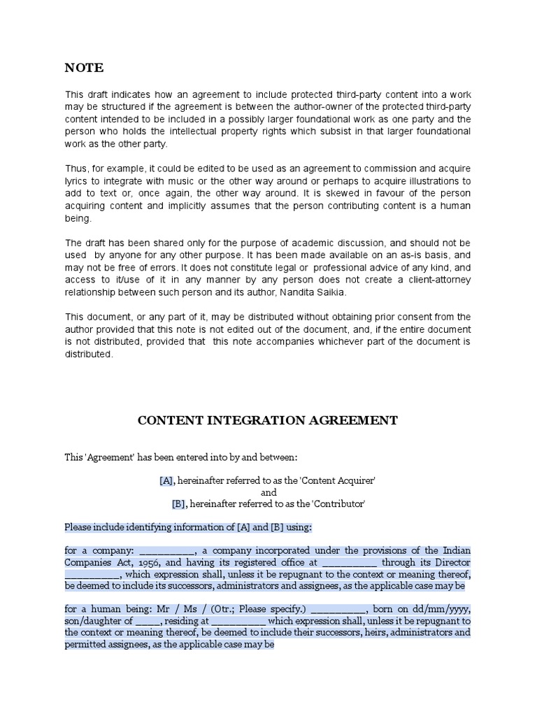 Content Integration Agreement Guide | PDF | Breach Of Contract | Indemnity