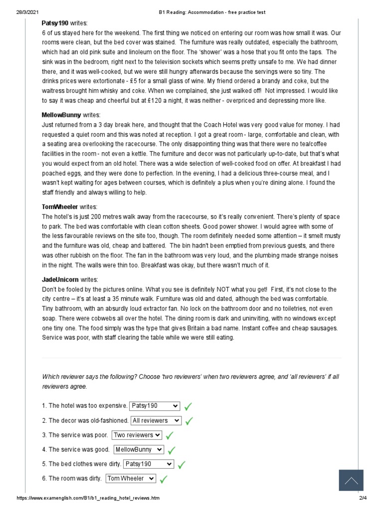 B1 Reading Practice: Hotel Reviews | PDF | Food And Drink