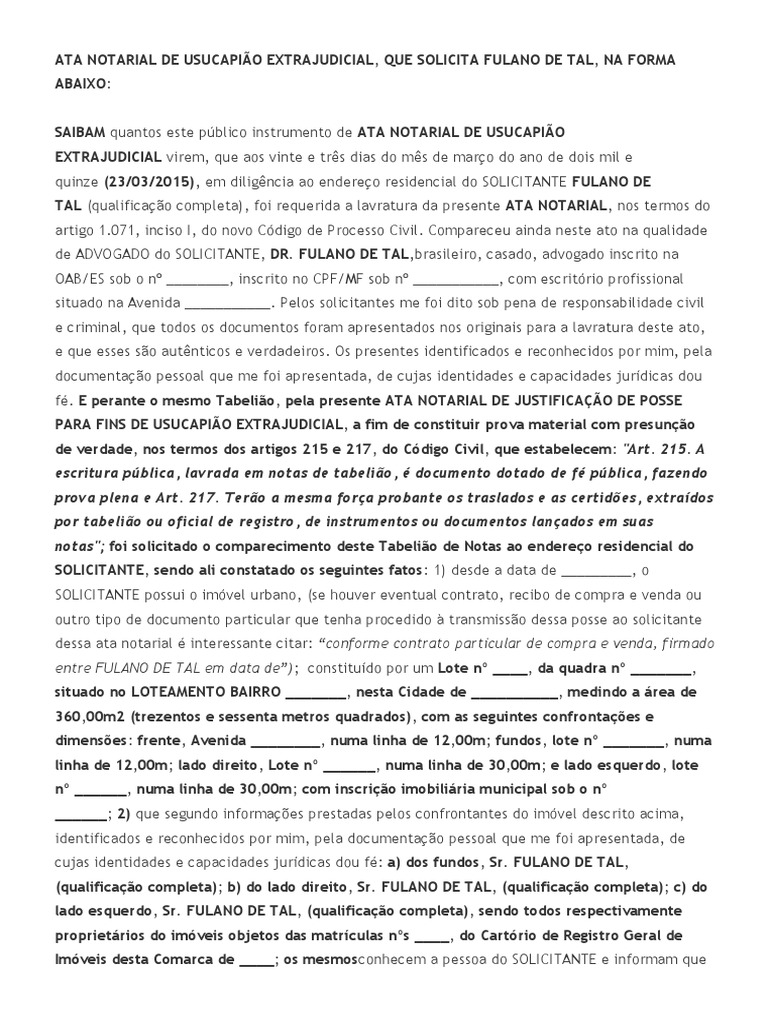 Ata Notarial de Usucapião Extrajudicial | PDF | Princípios éticos | Governo