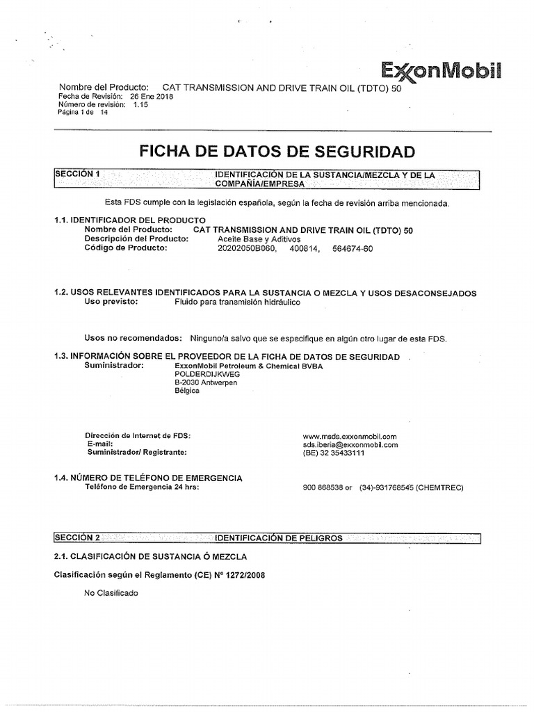Cat Transmission and Drive Train Oil (Tdto) 50Hoja Datos Seguridad PDF