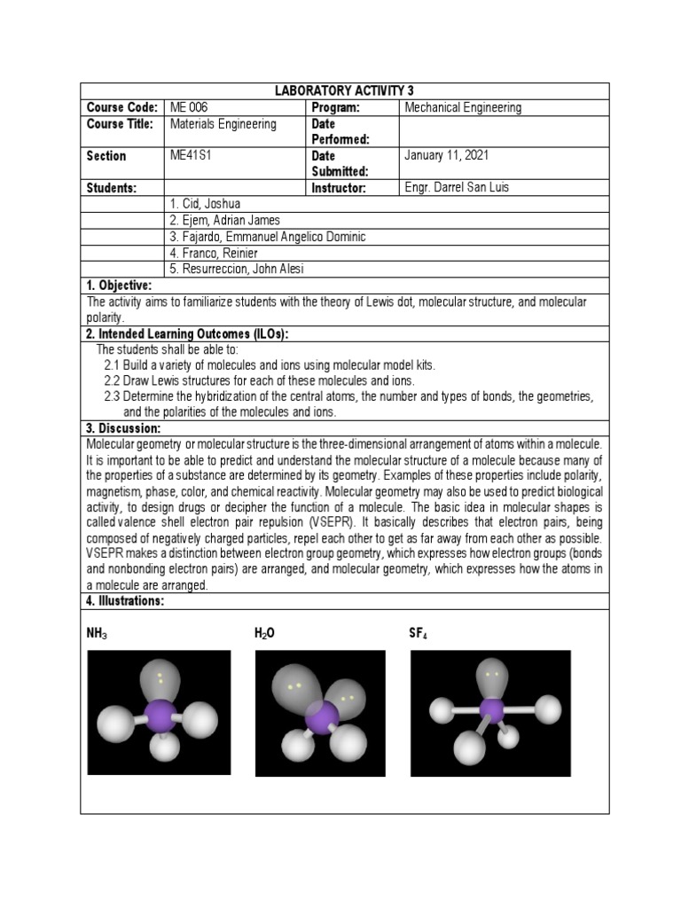 Laboratory Activity 3 - Group 10 | PDF | Molecules | Chemical Bond