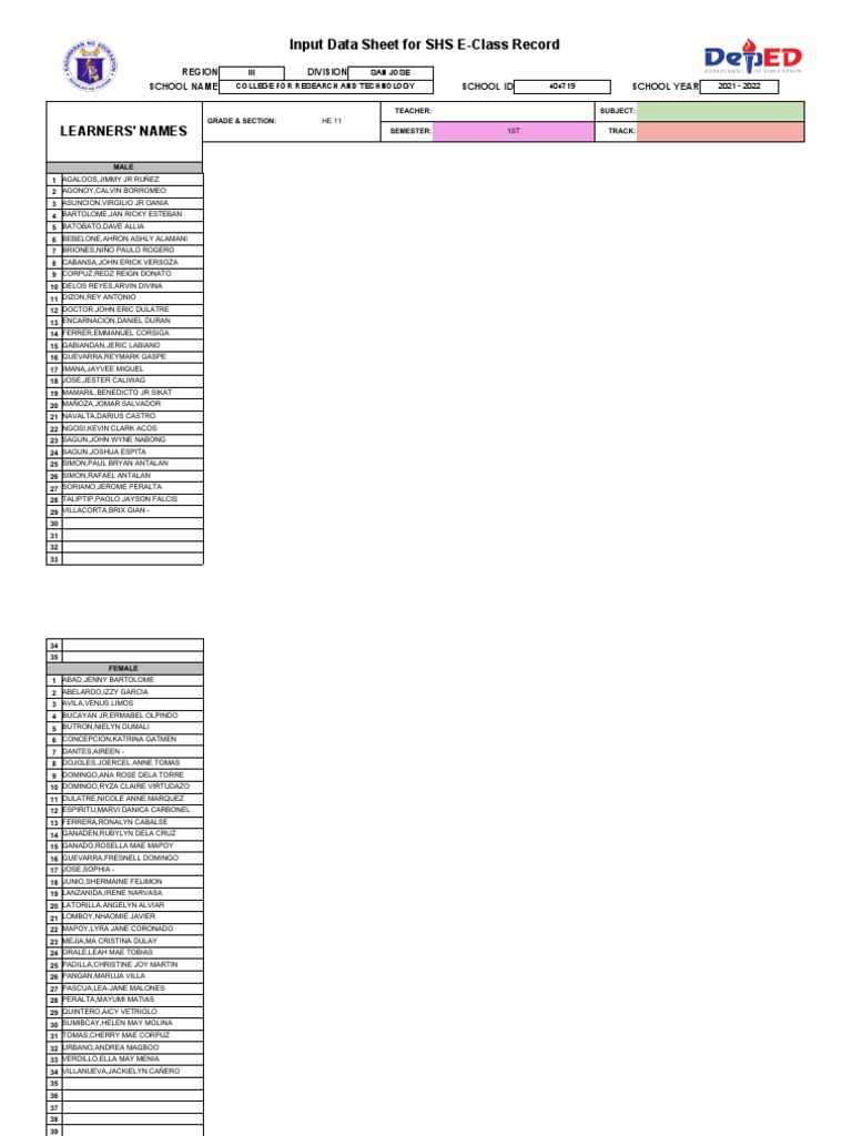 SHS E-Class Record Input Data Sheet | PDF