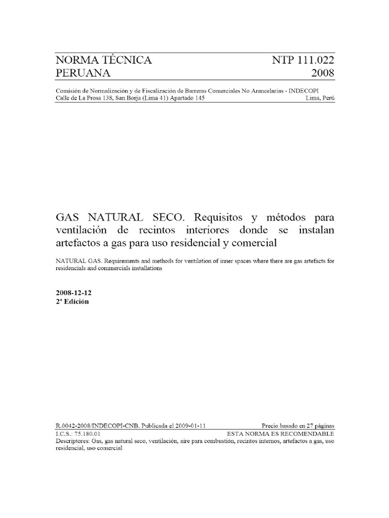 Norma Técnica NTP 111.022 Peruana 2008 Gas Natural | PDF