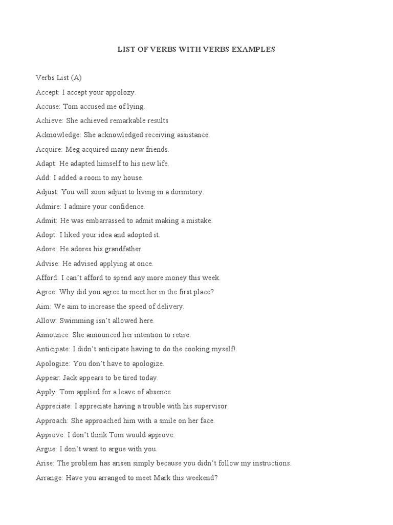 Comprehensive Verb List with Examples | PDF