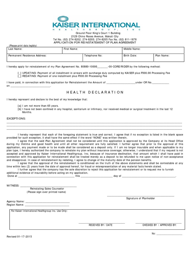 Kaiser Plan Reinstatement Application | PDF | Justice | Crime & Violence