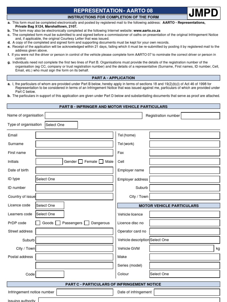 AARTO 08 Representation Form Guide | PDF | Registered Mail | Notary Public