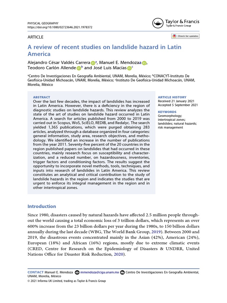 A Review of Recent Studies On Landslide Hazard in Latin America PDF