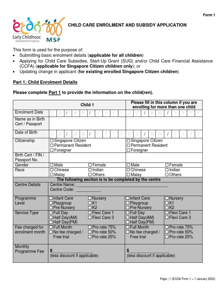 Form 1 - Child Care Enrolment and Subsidy Application (Jan 2022) | PDF ...