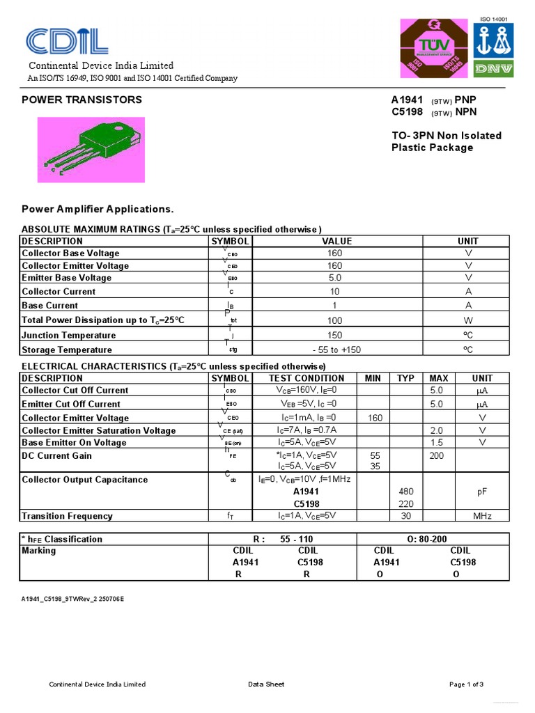 Datasheet C5198 PDF Bipolar Junction Transistor Electricity