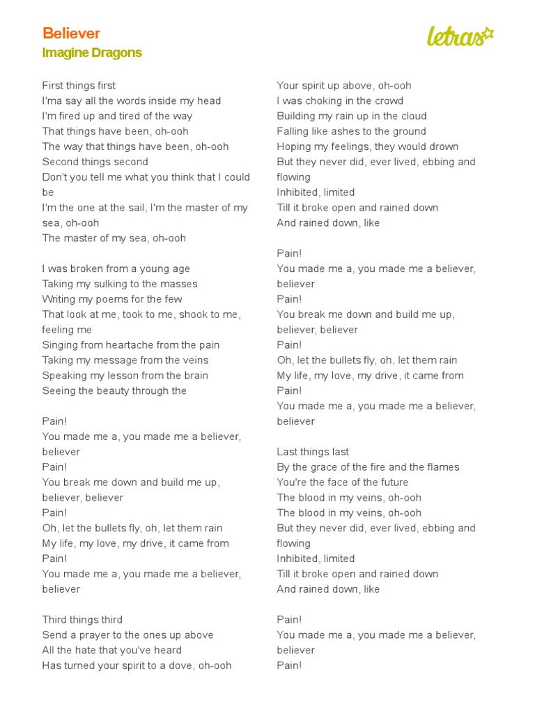 Imagine Dragons Believer Lyrics Print 