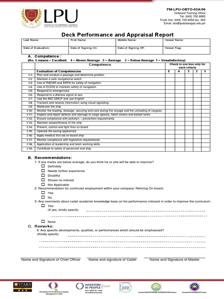 Seafarer Performance Appraisal Report | PDF | Transport | Shipping