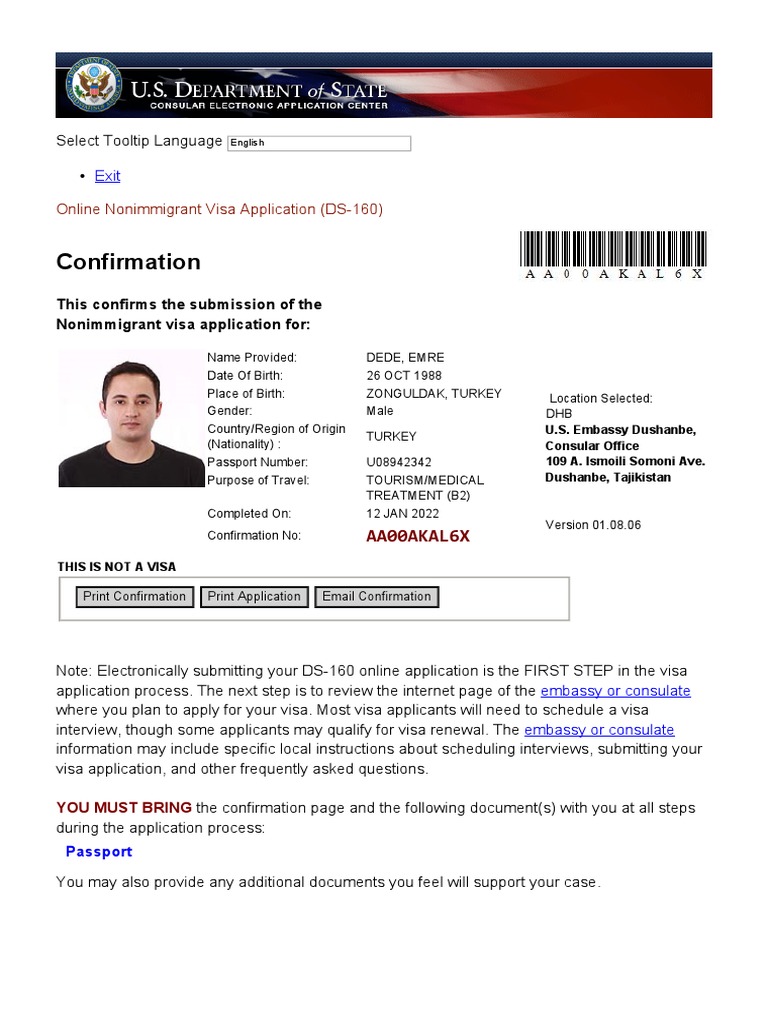 Confirmation online nonimmigrant visa application ds 160 pdf