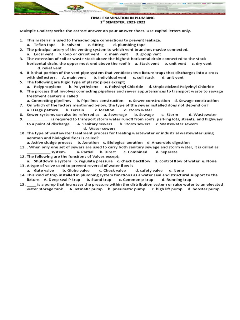 Final Examination in Plumbing 1 SEMESTER, 20212022 PDF Sanitary Sewer Sewage Treatment