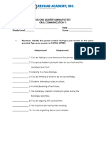 Second Quarter Summative Test Oral Communication 11 Name: - Date: - Grade Level: - Score