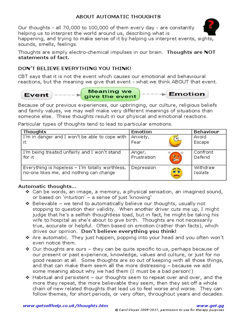 Automatic Thoughts PDF Thought Experience