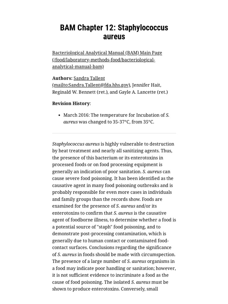 BAM Chapter 12 Staphylococcus Aureus FDA PDF Foodborne Illness