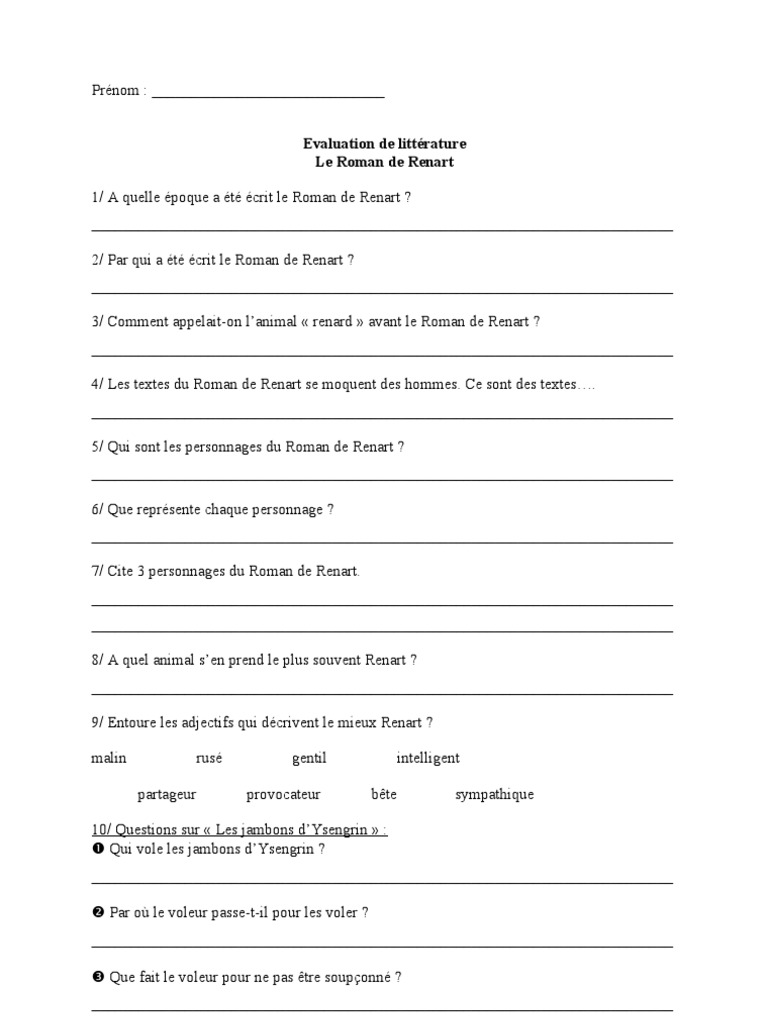 Le Roman De Renart Questionnaire Cm1