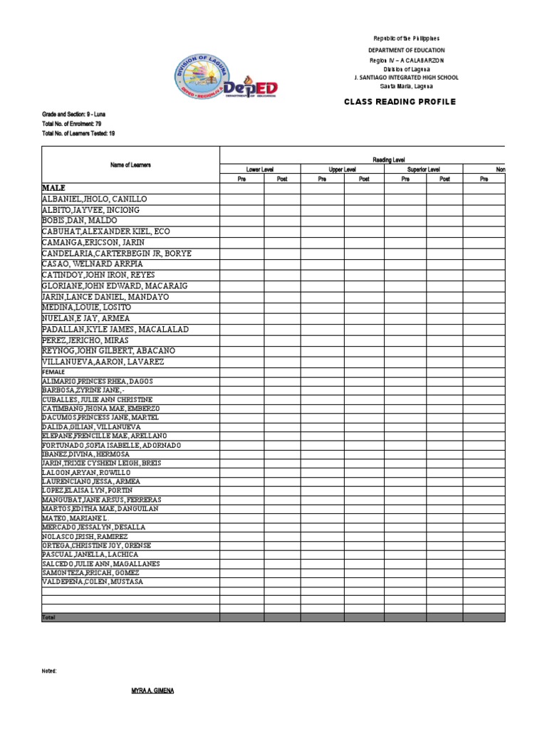 Class Reading Profile Summary | PDF