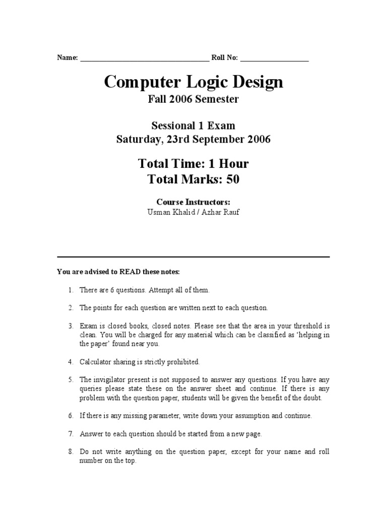 Computer Logic Design Total Time 1 Hour Total Marks 50 PDF