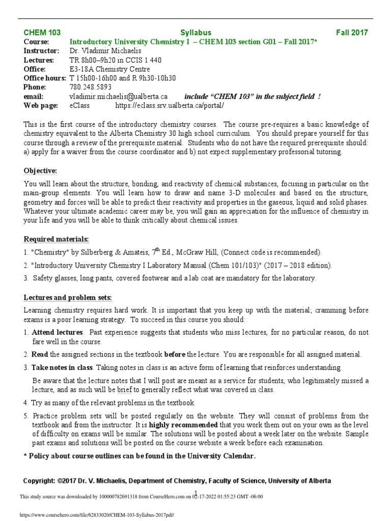 CHEM 103 Syllabus Fall 2017 Introductory University Chemistry I - CHEM ...