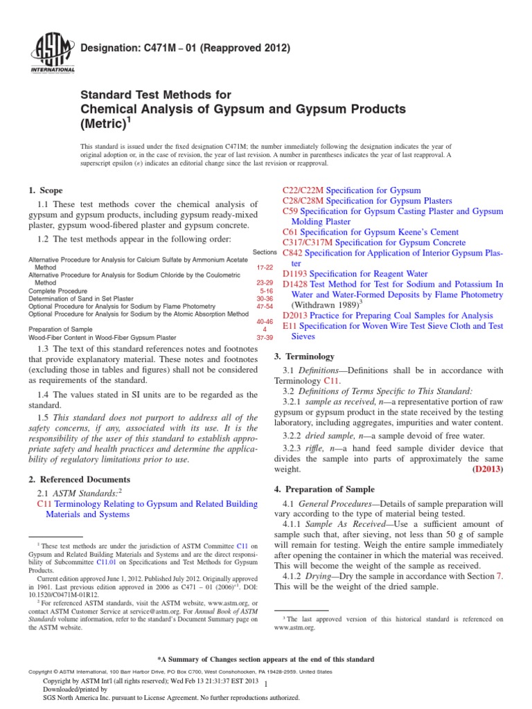 Chemical Analysis of Gypsum and Gypsum Products (Metric) Standard Test Methods For PDF