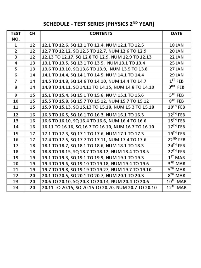Physics 2nd Year Test Series Schedule | PDF | Science & Mathematics ...