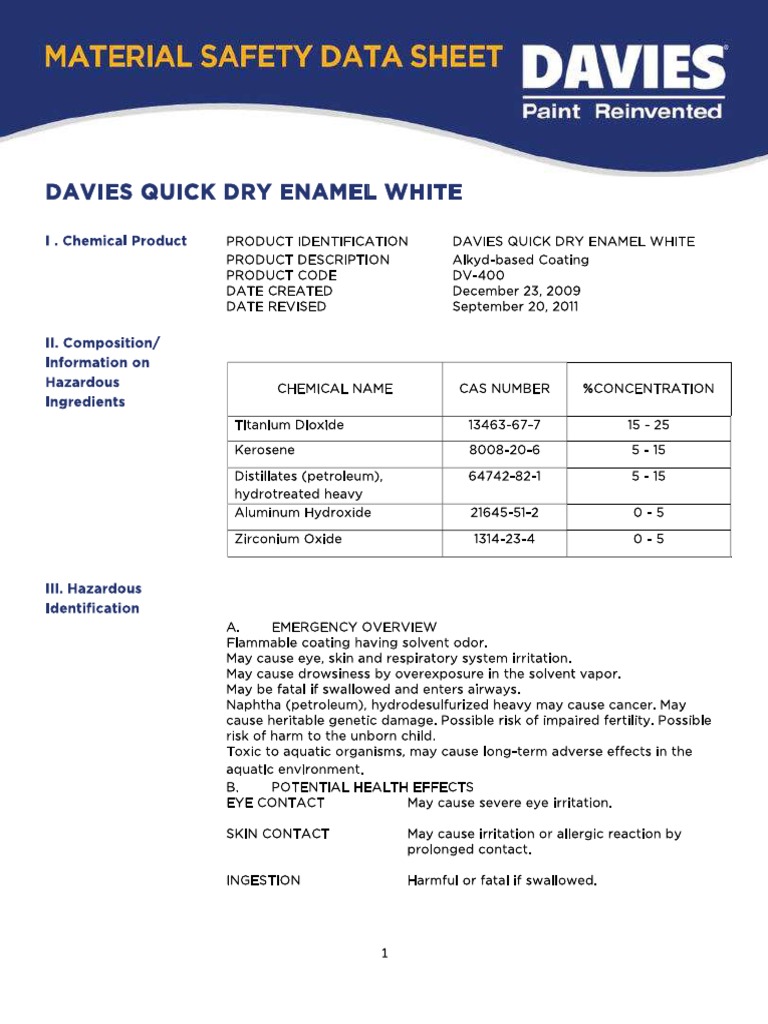Davies Quick Dry Enamel MSDS PDF