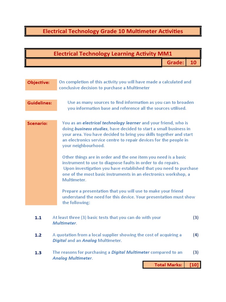 Electrical Technology Learning Mumltimeter Activities | PDF | Power ...