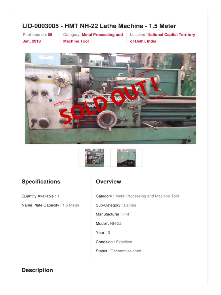 LID-0003005 - HMT NH-22 Lathe Machine - 1.5 Meter: Specifications | PDF