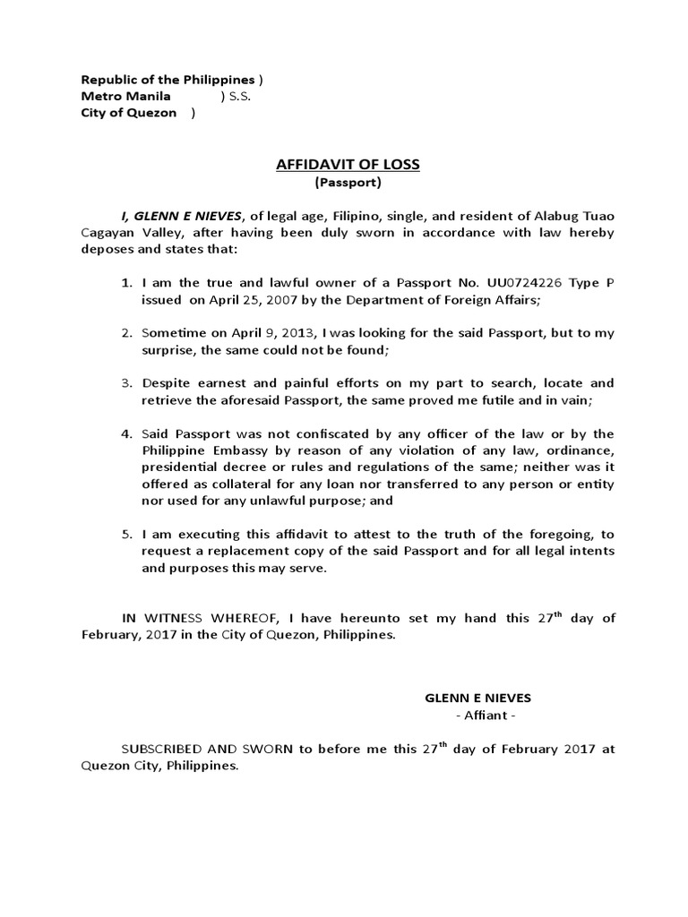 Affidavit of loss passport pdf