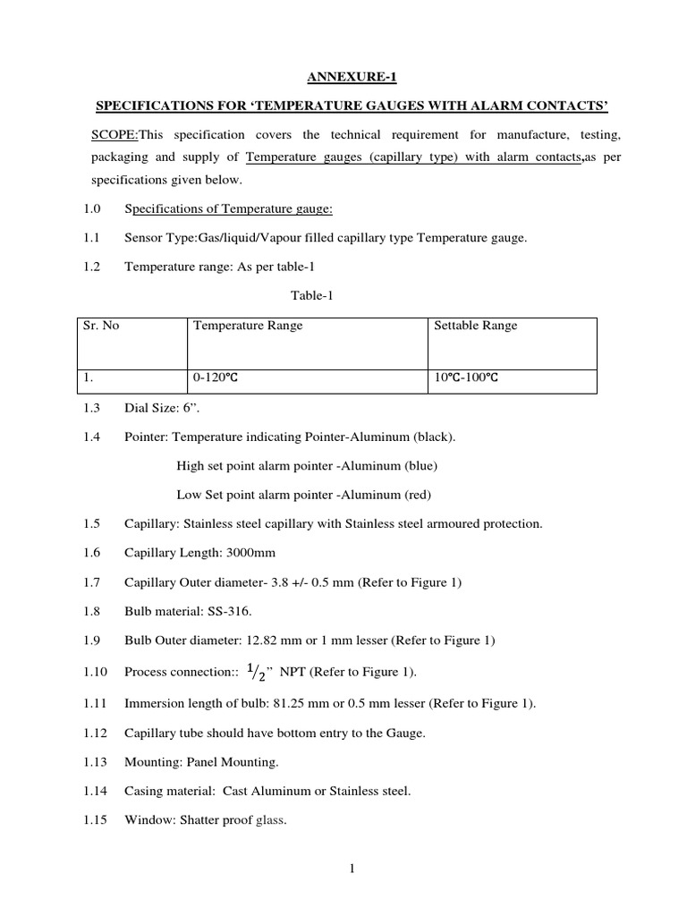 Annexure1 Specifications For Temperature Gauges With Alarm Contacts