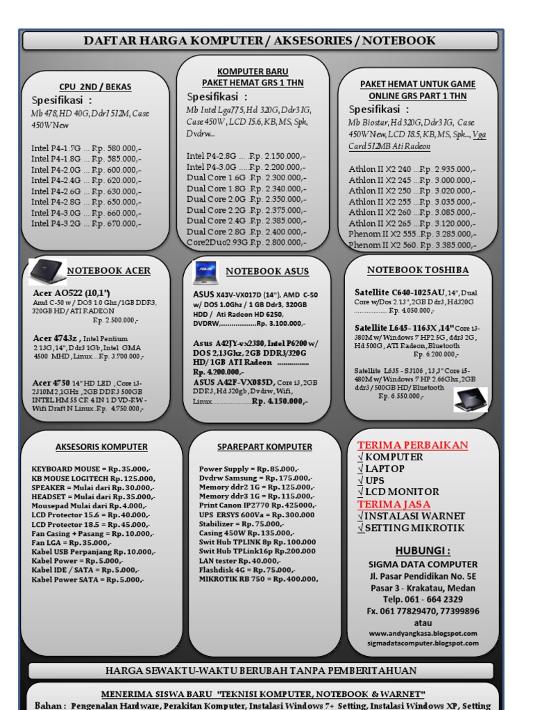 Daftar Harga Komputer / Aksesories / Notebook: Spesifikasi: Spesifikasi ...
