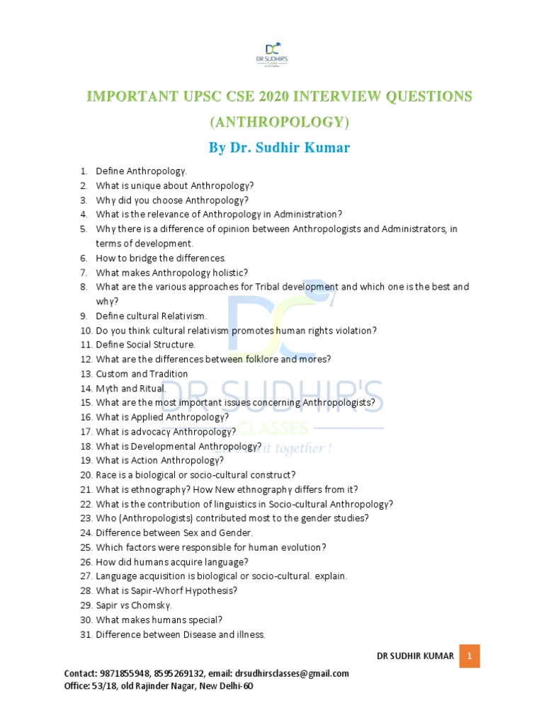 Interview Questions UPSC CSE 2020 For Anthropology Optional | PDF ...