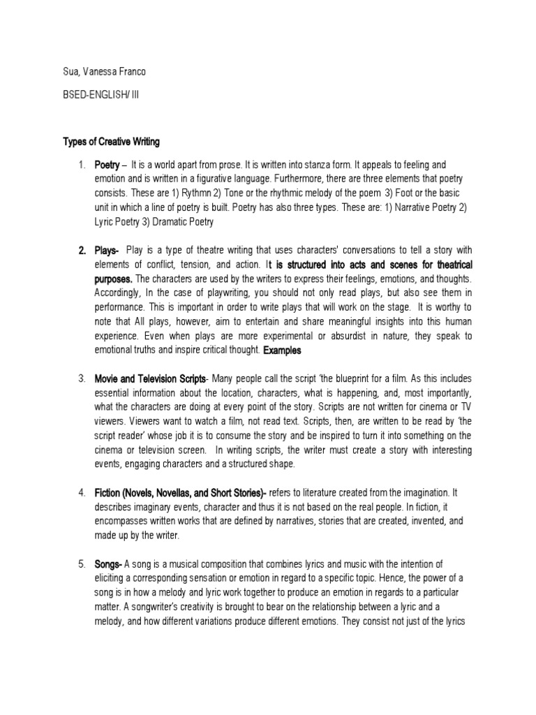 Types of Creative Writing Explained | PDF | Narrative | Writers