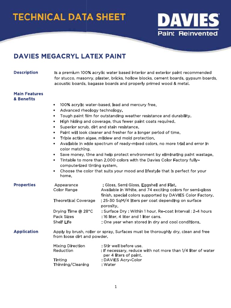 Davies Megacryl Latex Paint MSDS PDF