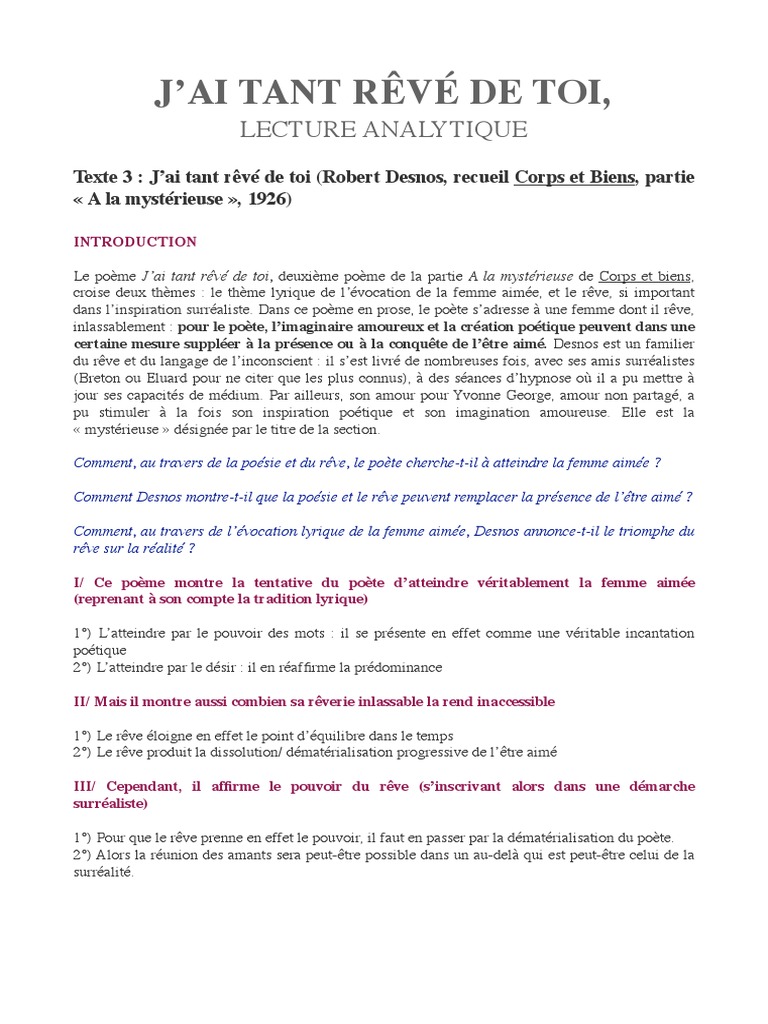 Analyse du poème "J'ai tant rêvé de toi" | PDF | Rêve | Poésie