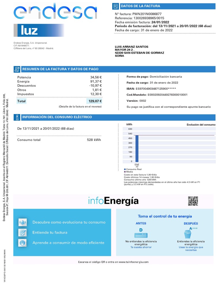 Factura de Luz Endesa 2022 | PDF | Economias | Ingenieria Eléctrica