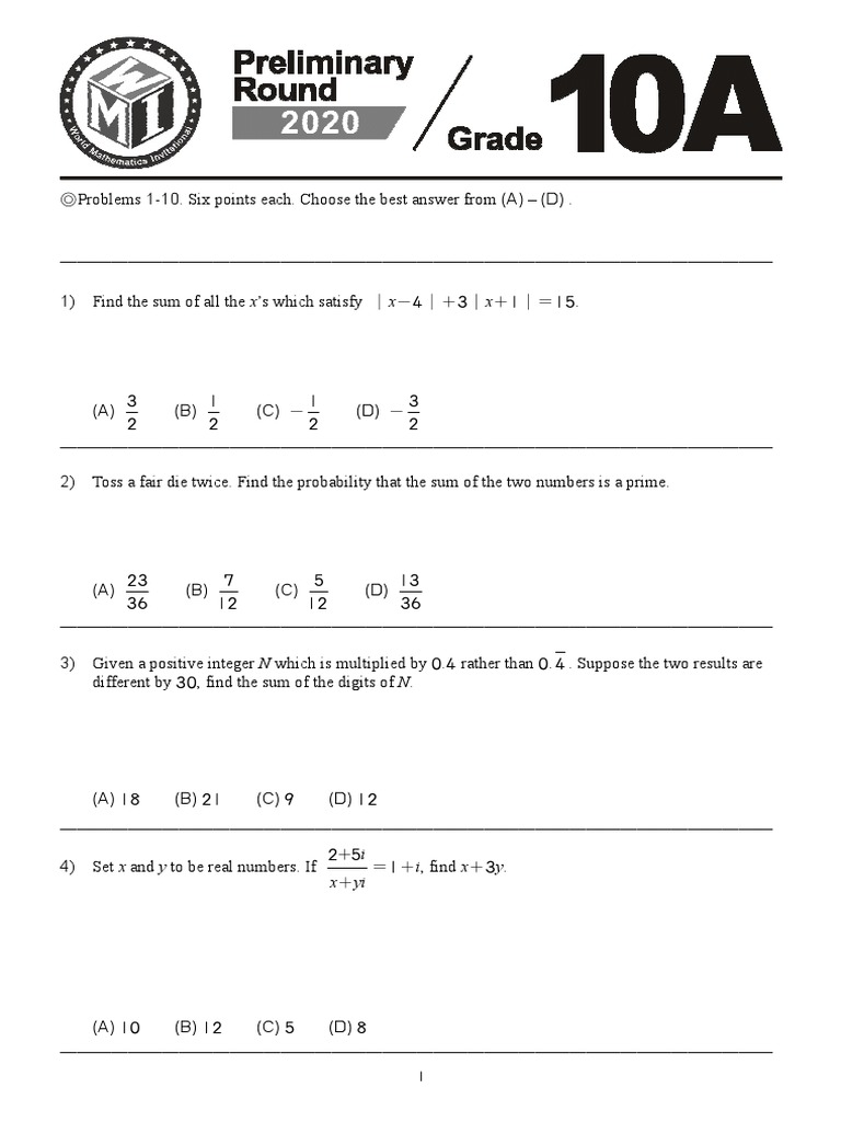 2020 WMI Prelim G10 Paper A | PDF