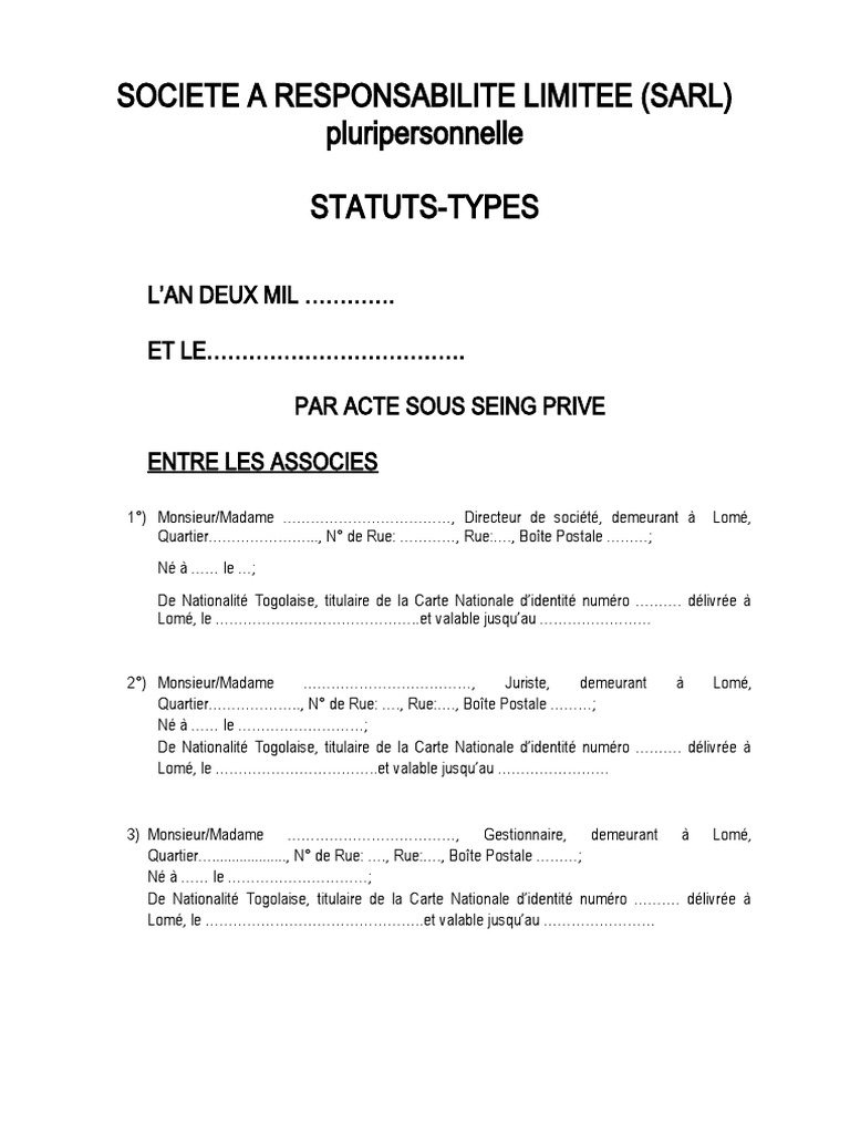 Societe A Responsabilite Limitee (Sarl) Pluripersonnelle StatutsTypes PDF Liquidation